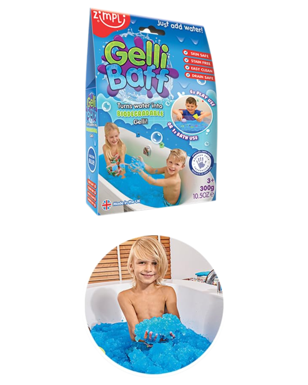 Gelly Baff convierte el agua en un colorido juguete sensorial y de baño, azul