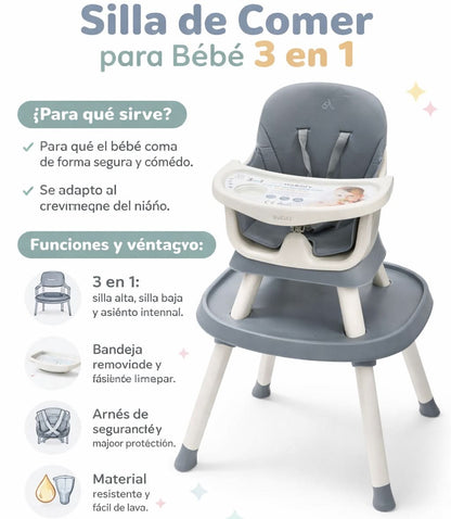 Silla alta para comer 3 en 1 en gris