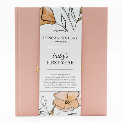 Duncan & Stone Baby Book - Recuerdo de primer año, lino, rosa polvoriento