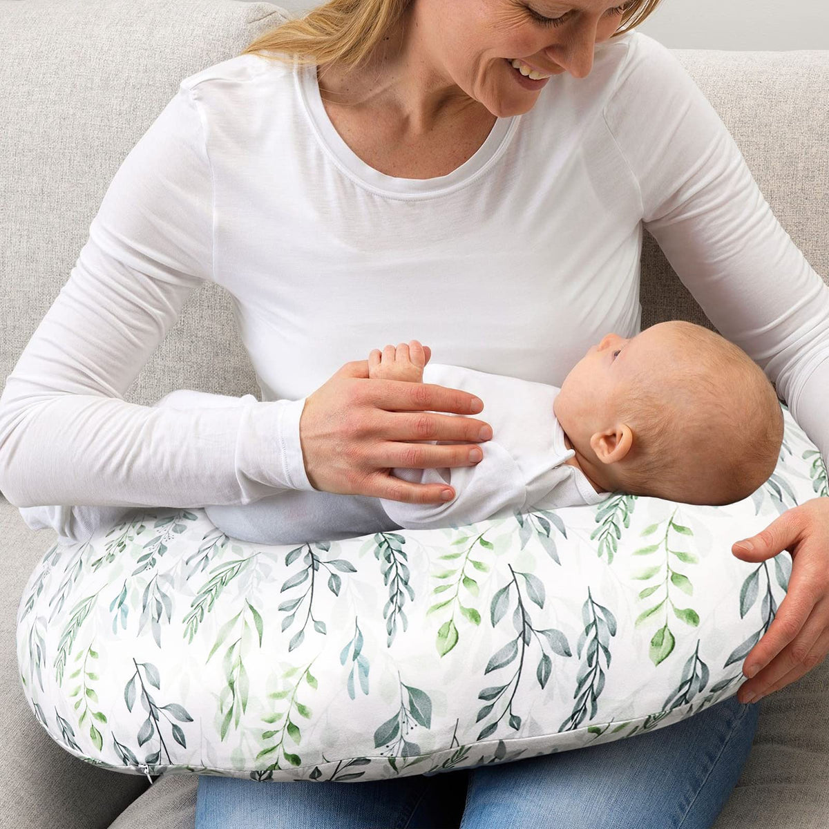 Almohada de lactancia estampado de hojas verdes, algodón muselina