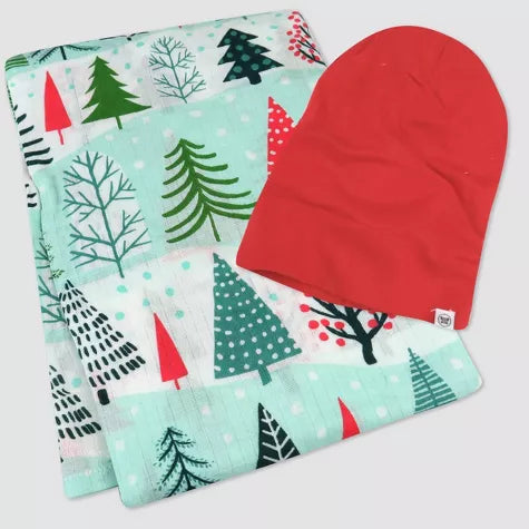 Honest Baby Organic Swaddle- Manta + Beanie Set de árboles de navidad - 2 pzs