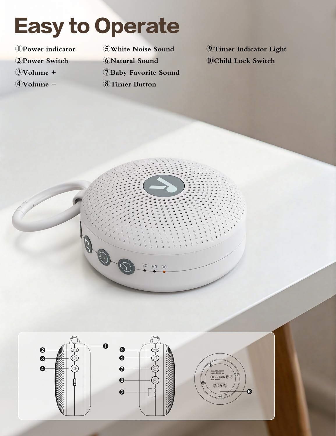 Máquina portátil de ruido de sonido para bebés con 21 sonidos