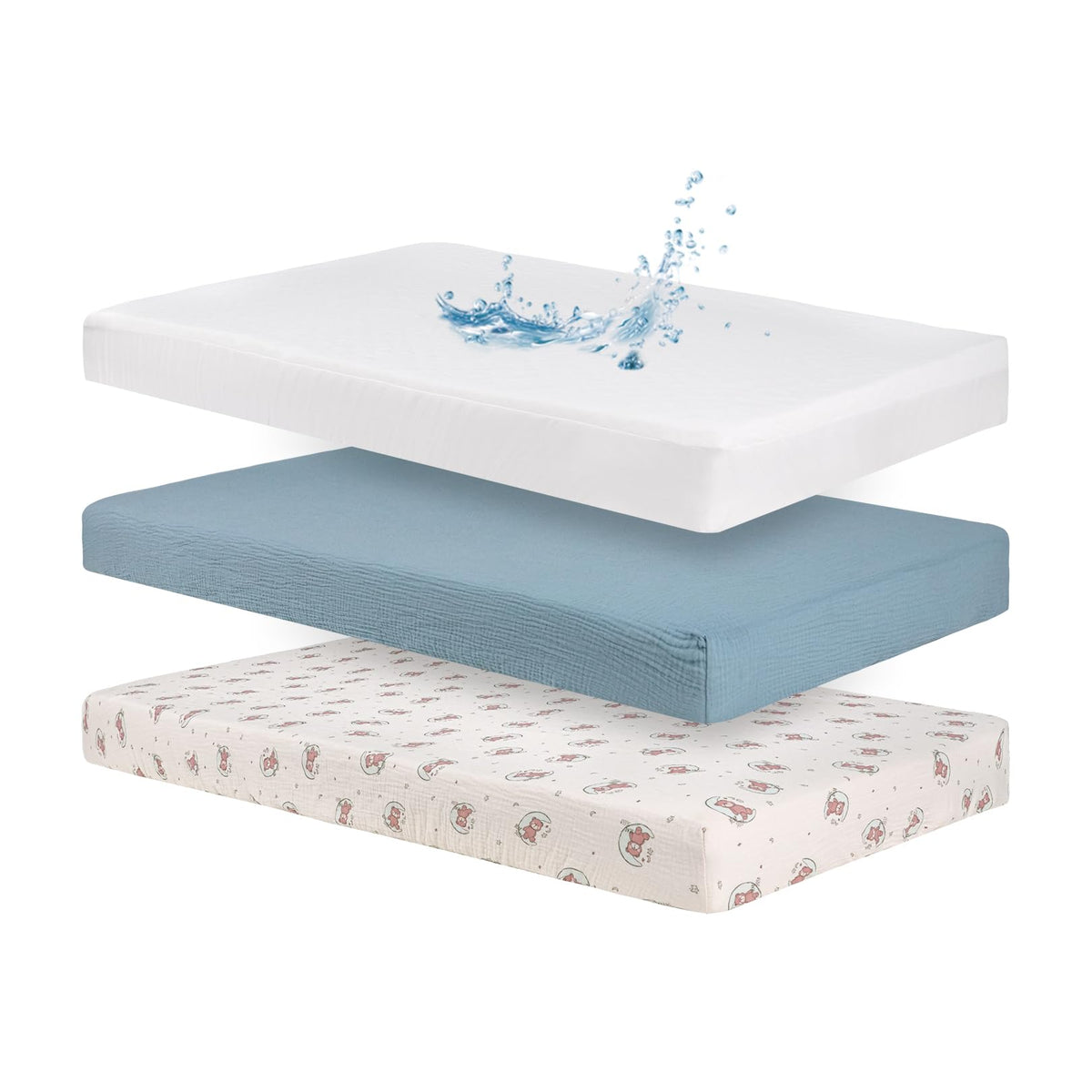 Poyday 2 sábanas de muselina de algodón para cuna y 1 funda protectora de colchón