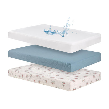 Poyday 2 sábanas de muselina de algodón para cuna y 1 funda protectora de colchón