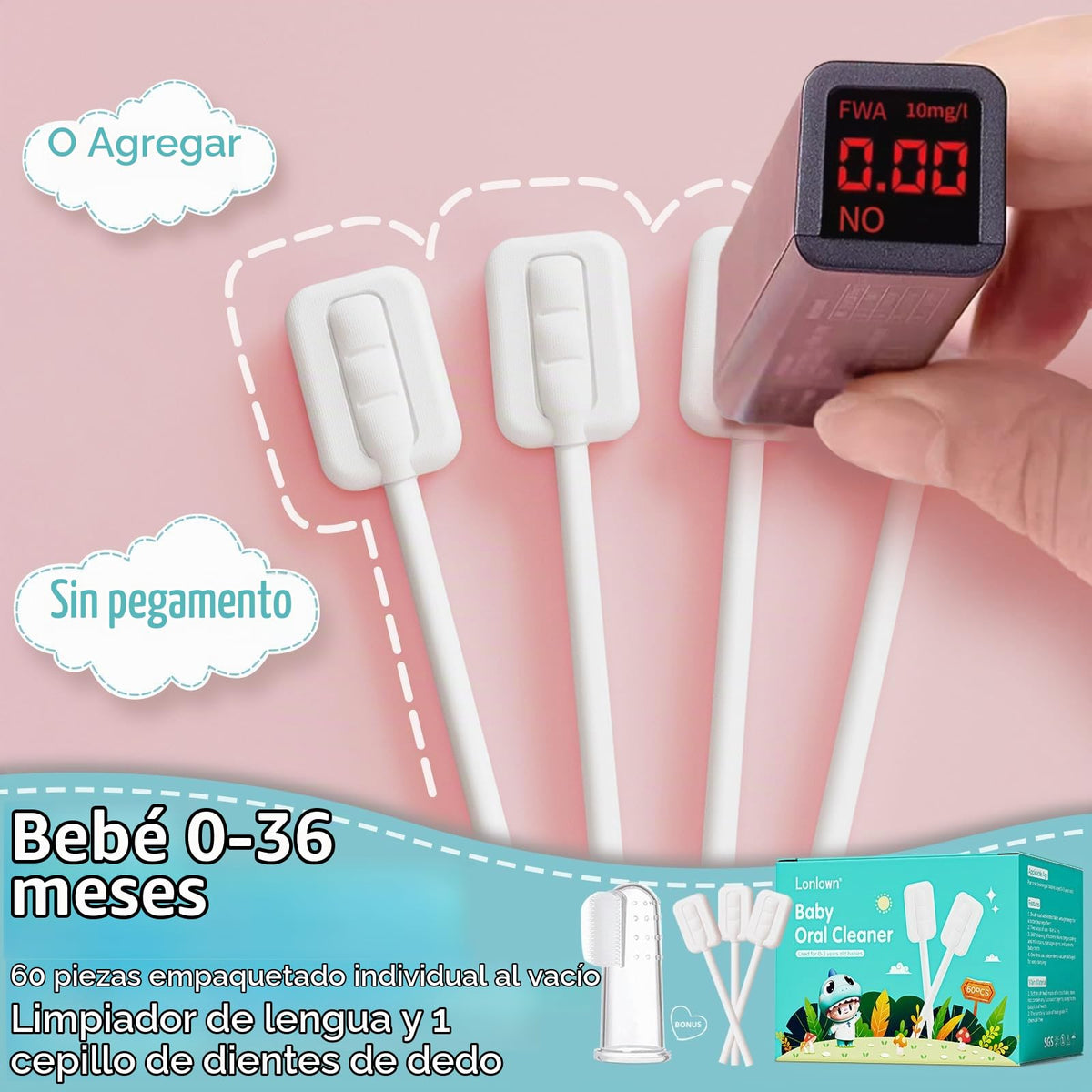 Limpiador de lengua para bebé, 60 unidades, 1 cepillo de dientes para dedos