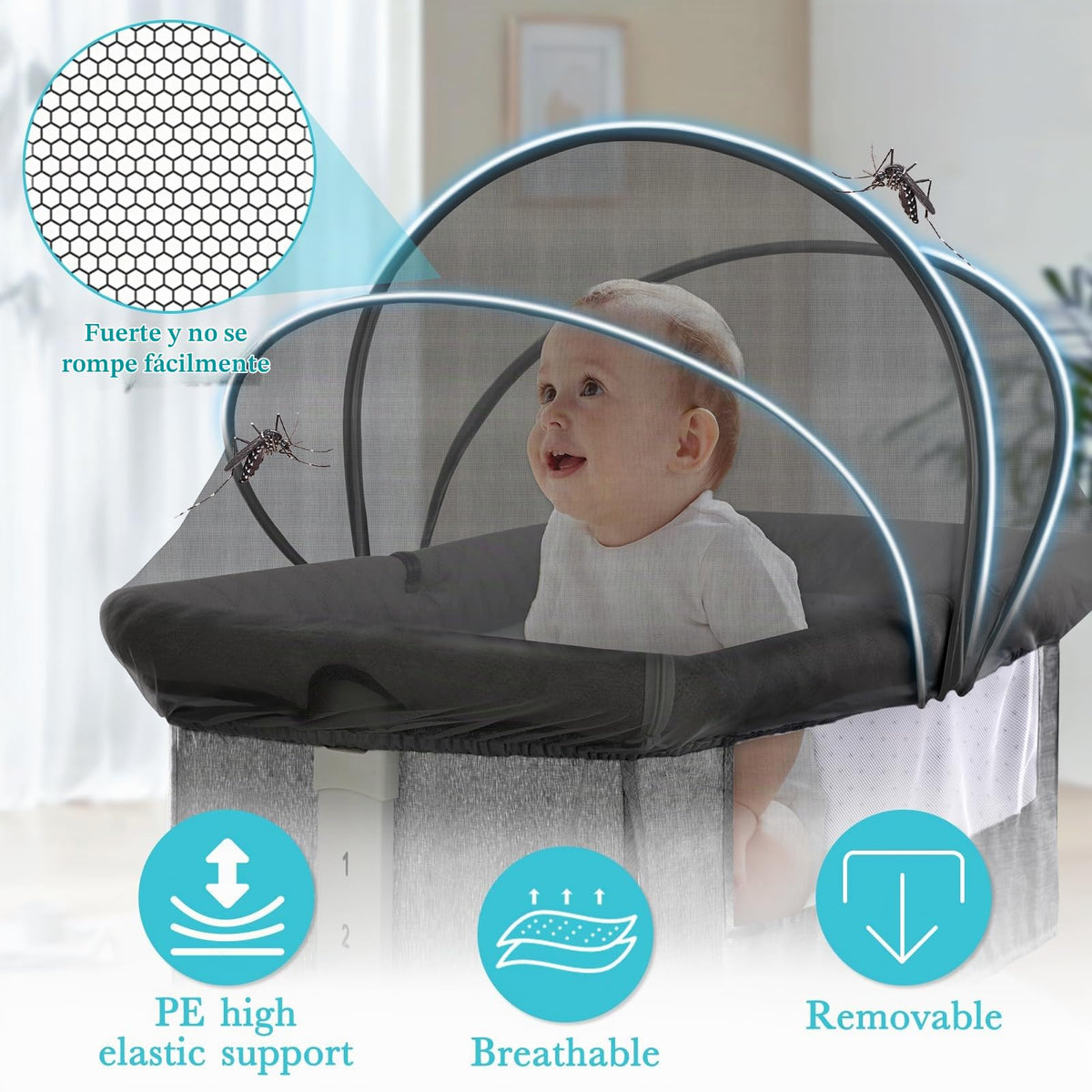 Mosquitera para moisés, toldo de malla transpirable con cremallera de 2 vías