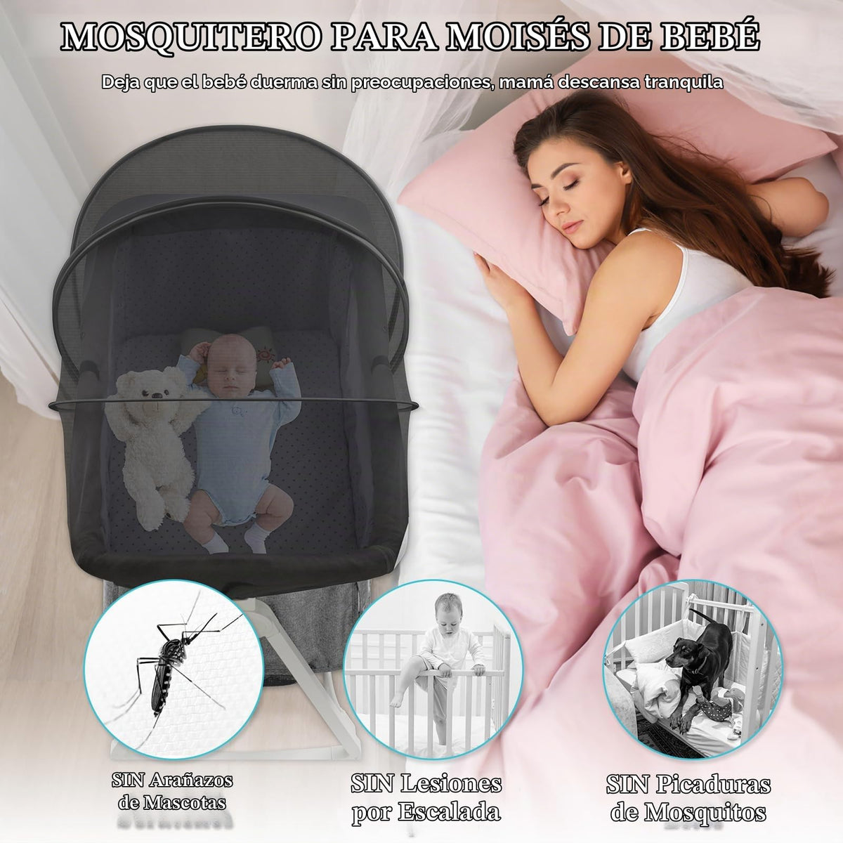 Mosquitera para moisés, toldo de malla transpirable con cremallera de 2 vías