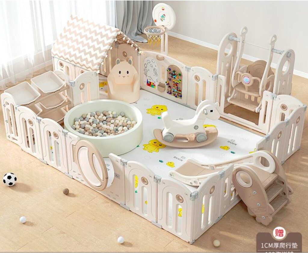 Corral de plástico Parque Infantil Completo con Casa, Resbaladilla, Columpio, caballito, sofá, organizador, aro de basket, piscina de pelotas con pelotas, tablero de lego, pizarra, Centro de Juegos, alfombra de 1cm – 200x240x63 cm + casita 80x80cm
