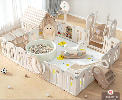 Corral de plástico Parque Infantil Completo con Casa, Resbaladilla, Columpio, caballito, sofá, organizador, aro de basket, piscina de pelotas con pelotas, tablero de lego, pizarra, Centro de Juegos, alfombra de 1cm – 200x240x63 cm + casita 80x80cm