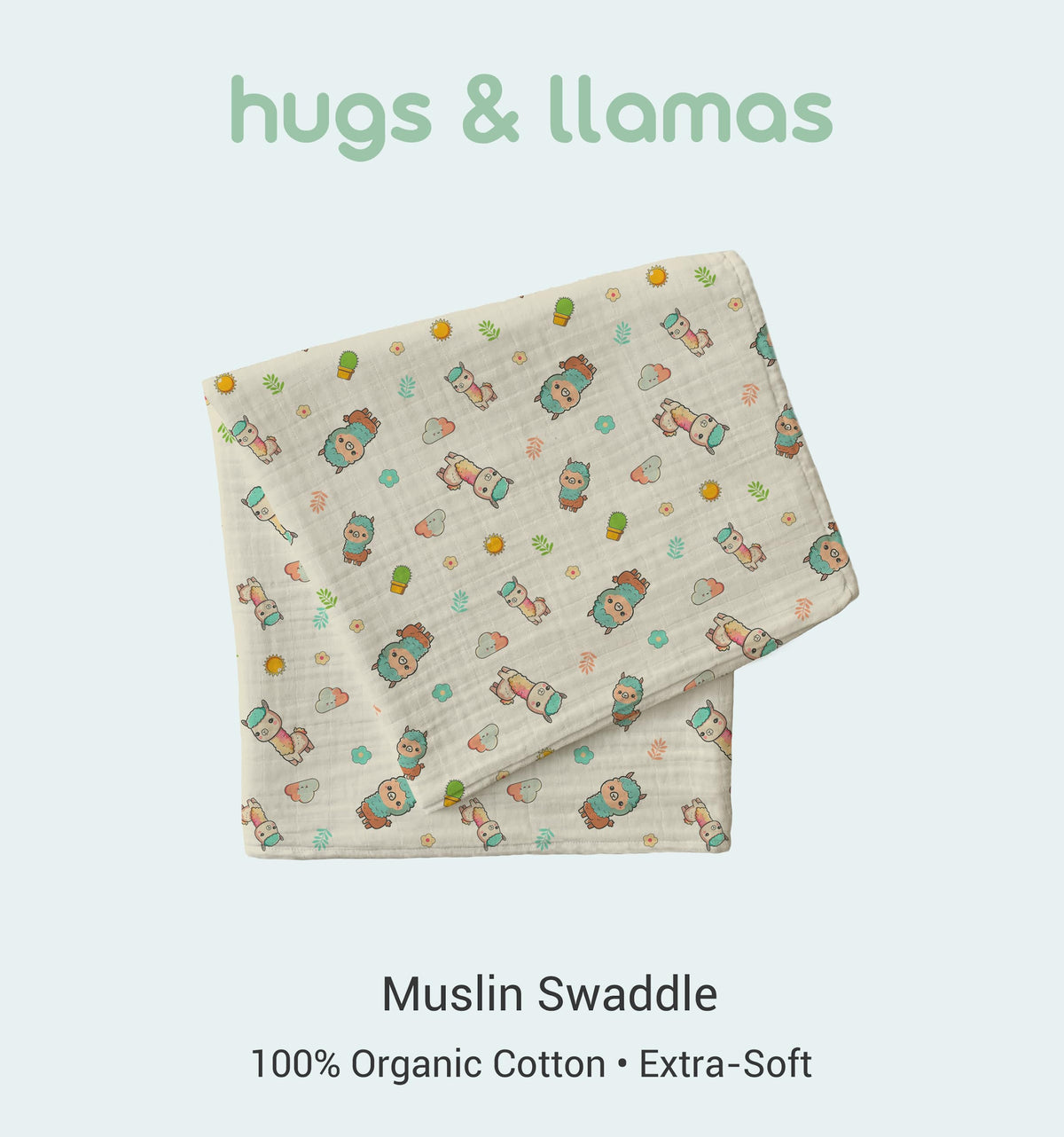 hugs & llamas Mantas para envolver 100% muselina de algodón orgánico, unisex
