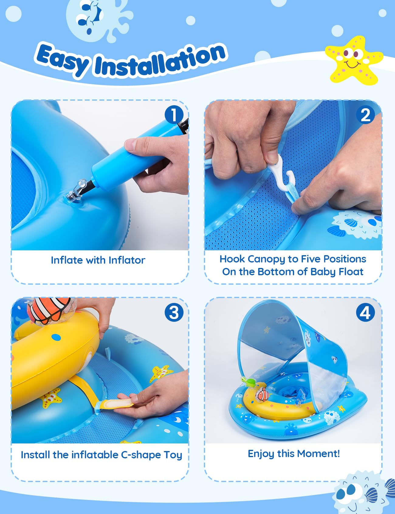 Flotador infantil para piscina con toldo de protección solar UPF50+, 6-36 meses