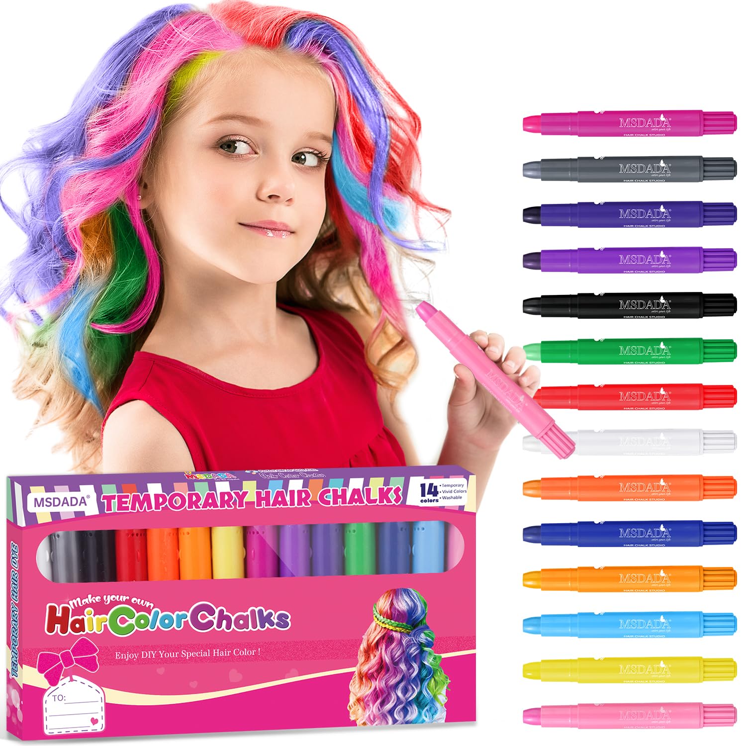 Tiza para el cabello para niñas y niños, 14 colores temporales