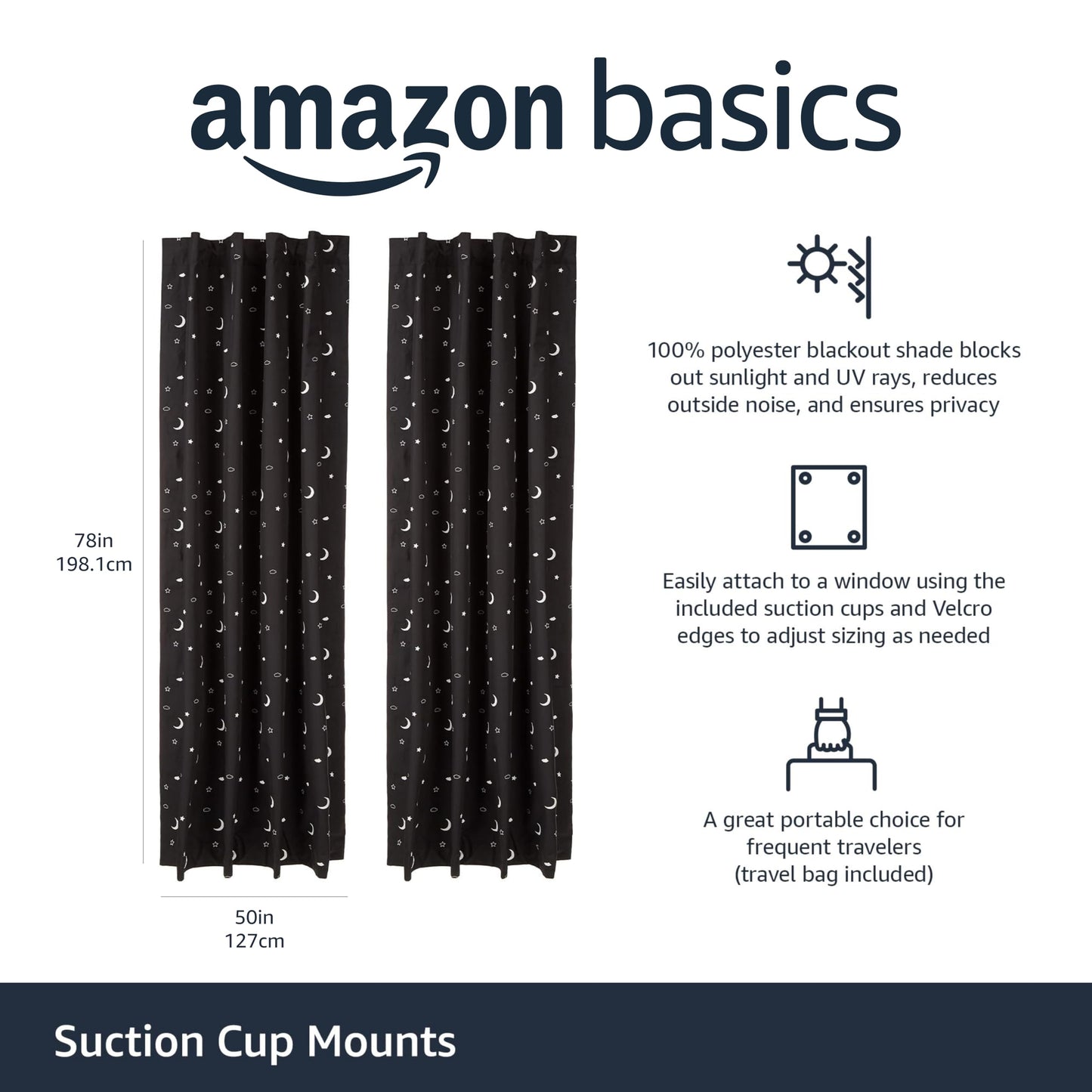 Cortina opaca portátil con ventosas, 50 pulgadas de ancho x 78 pulgadas de largo