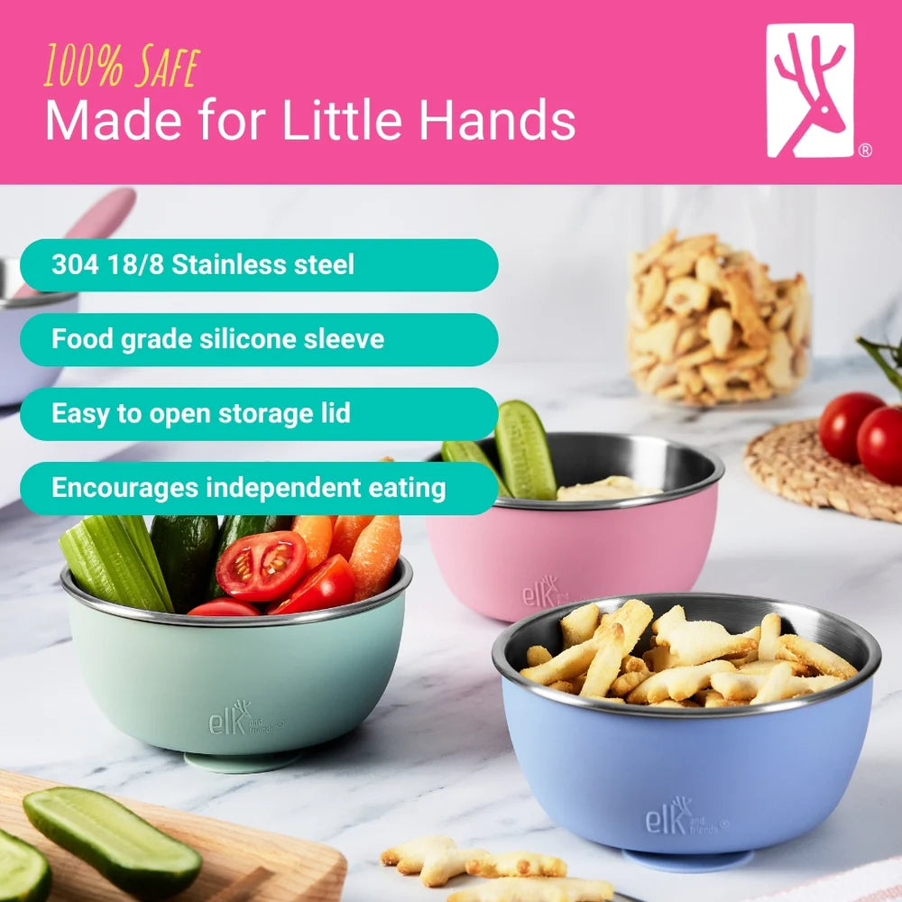Elk and Friends Tazones de acero inoxidable con funda de silicona para bebés y niños pequeños