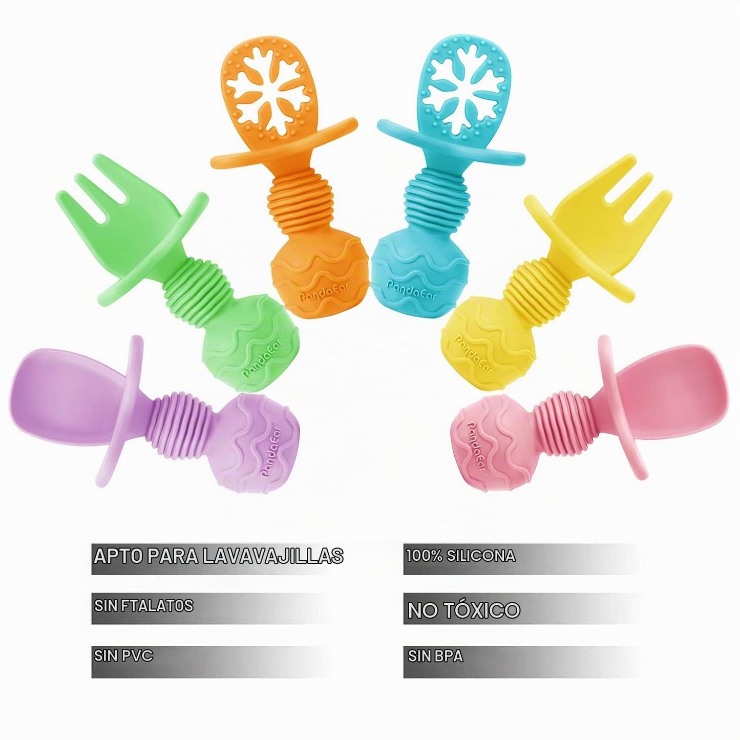 PandaEar Juego de 6 Cucharas y Tenedor de Silicona para Bebé