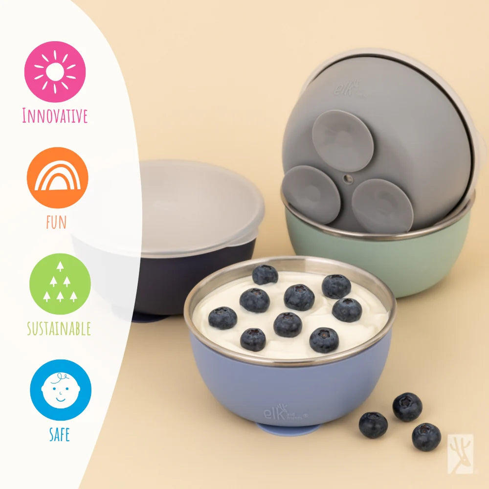 Elk and Friends Tazones de acero inoxidable con funda de silicona para bebés y niños pequeños