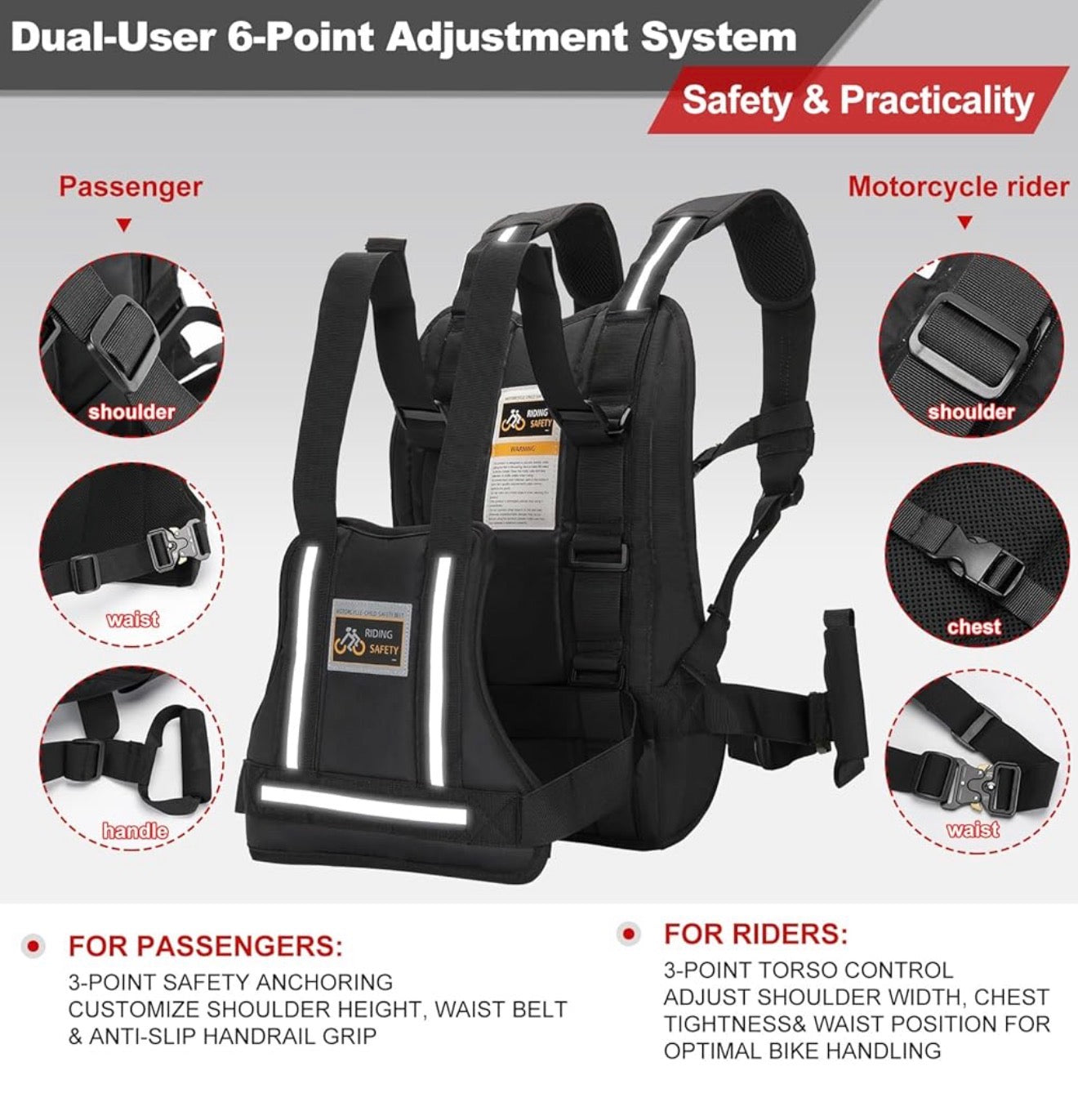 Arnés de seguridad mejorado para motocicleta para niños y adultos