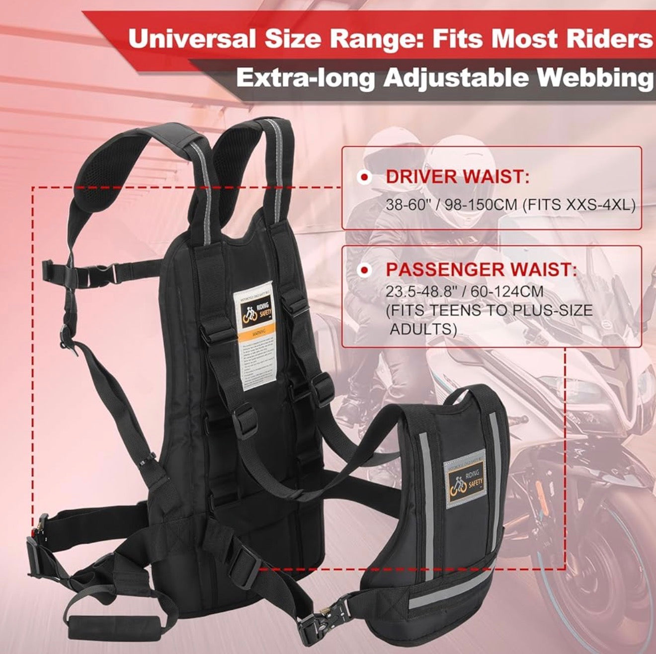 Arnés de seguridad mejorado para motocicleta para niños y adultos