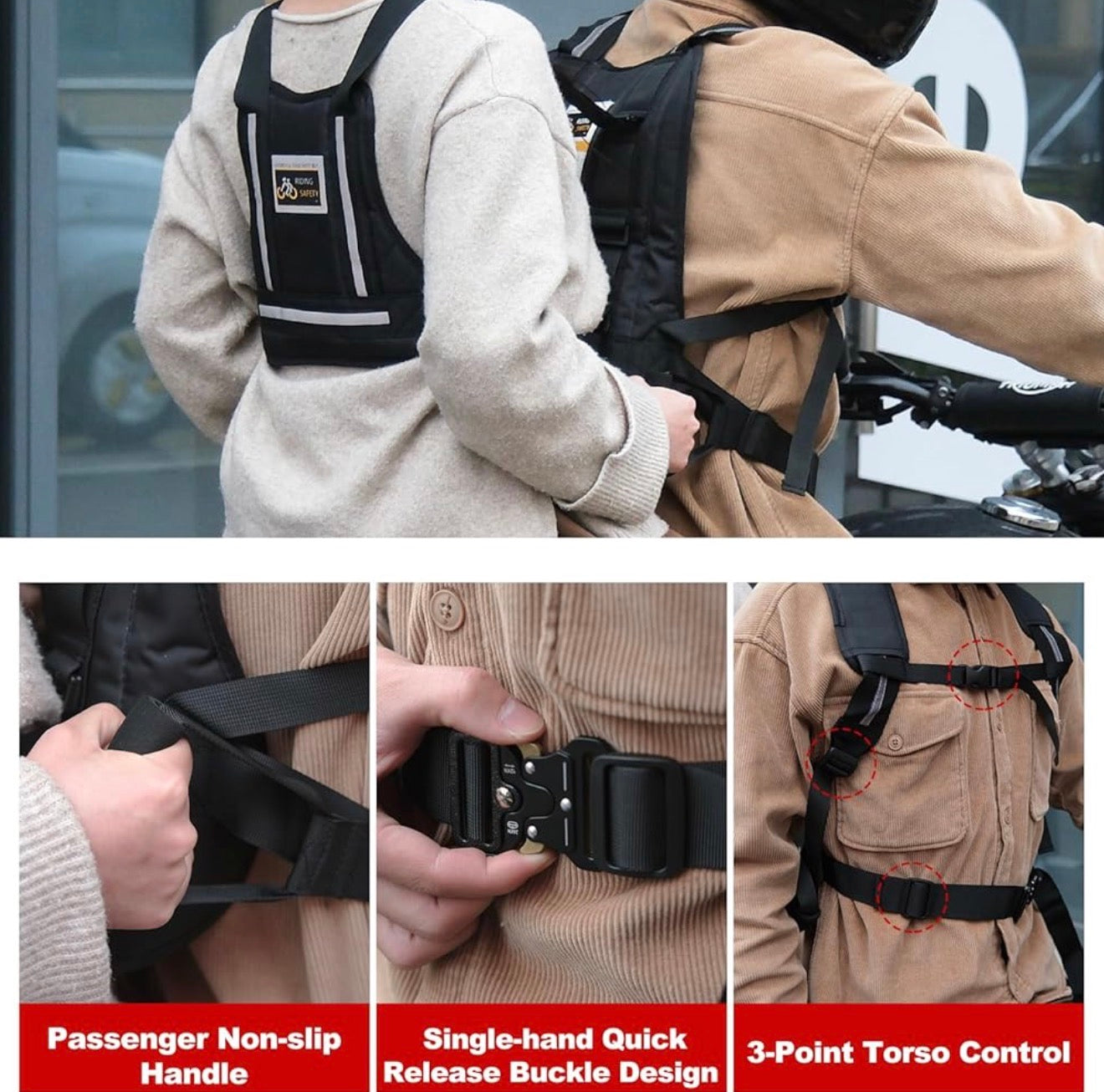 Arnés de seguridad mejorado para motocicleta para niños y adultos