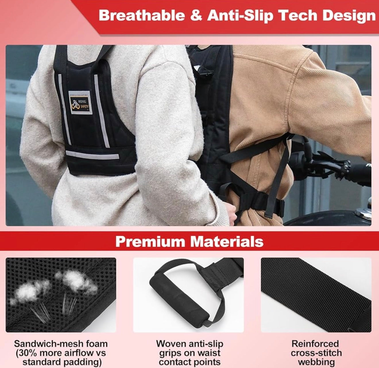 Arnés de seguridad mejorado para motocicleta para niños y adultos