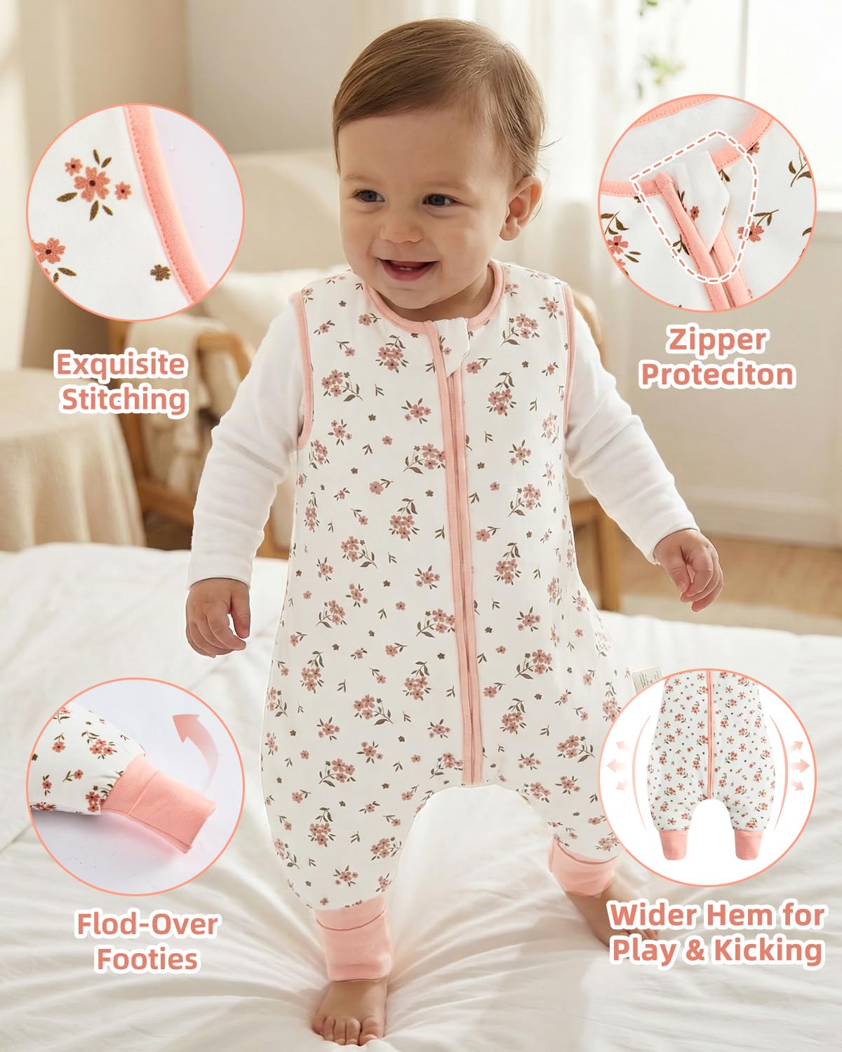 Paquete de 2 sacos de dormir con piernas, puños plegables, manta 100% algodón, 4-6 años