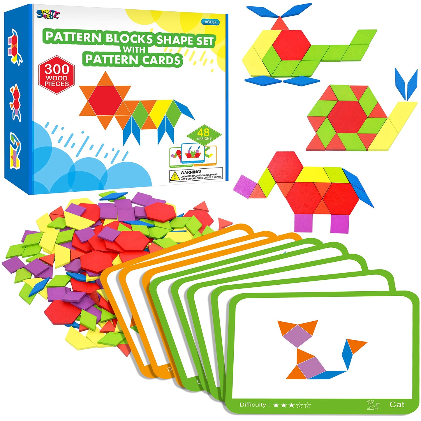 SpriteGru 300 piezas de bloques de madera con patrón para niños con 24 tarjetas de diseño de doble cara