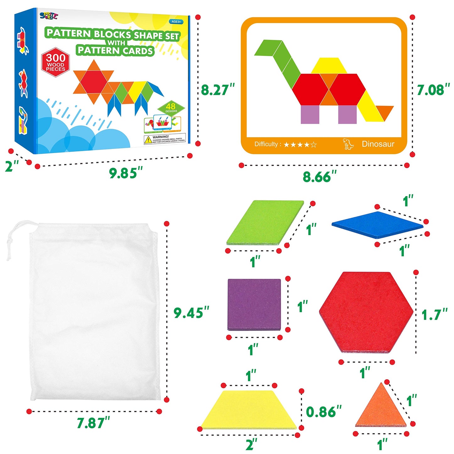SpriteGru 300 piezas de bloques de madera con patrón para niños con 24 tarjetas de diseño de doble cara