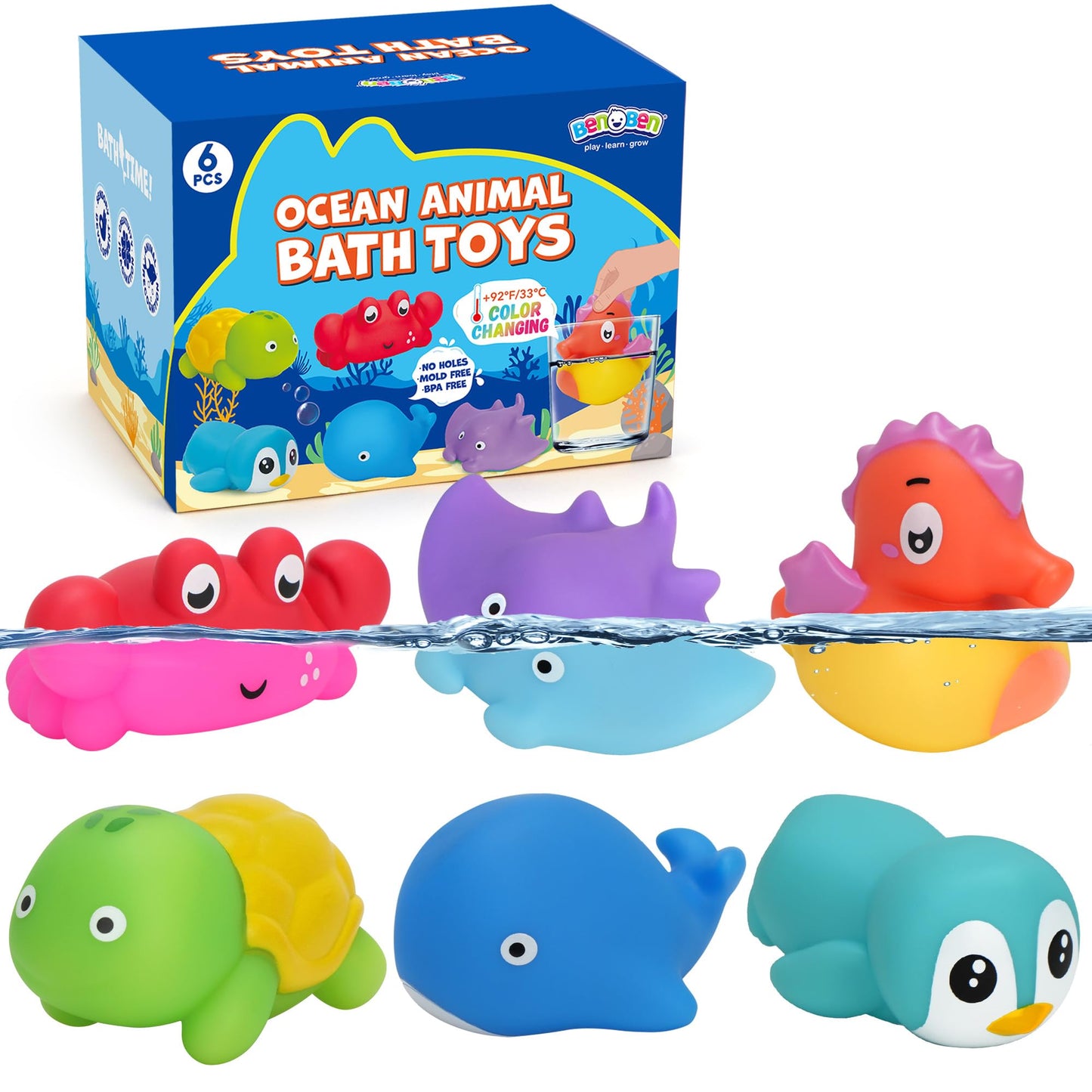 BenBen Juguete de baño, 6 juguetes de baño que cambian de color para niños, sin agujeros