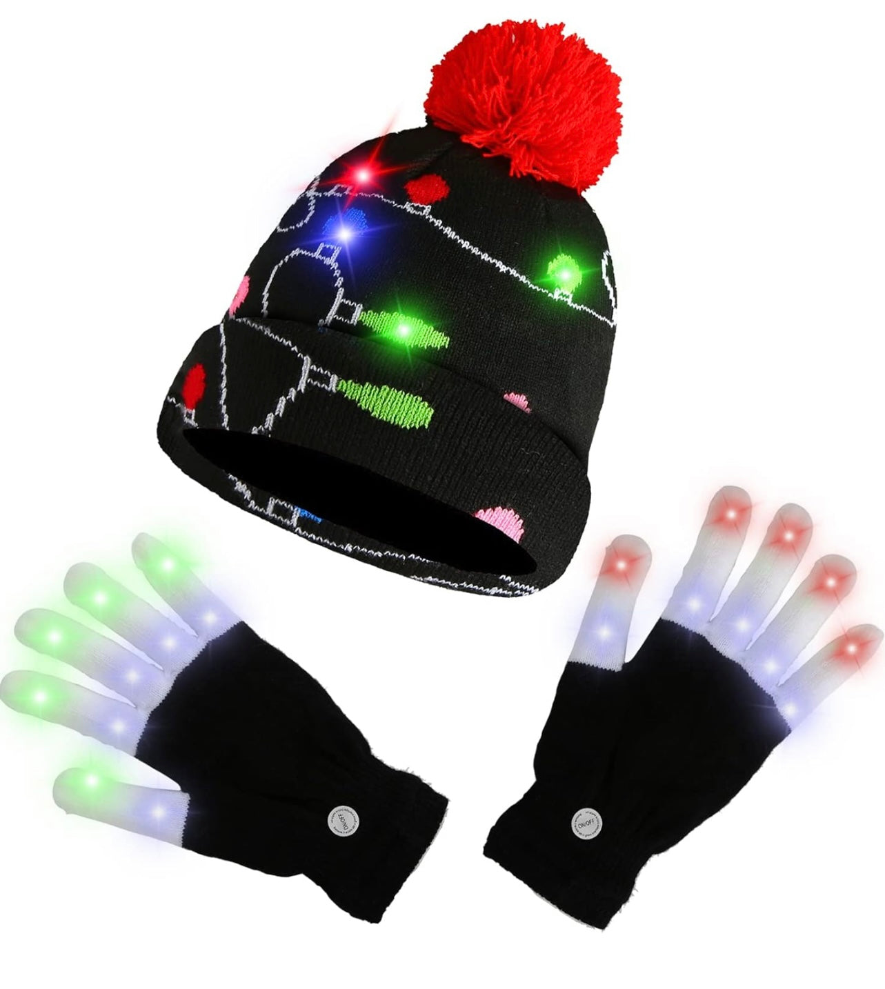 Gorro de Navidad con luz LED, gorro de punto y guantes LED