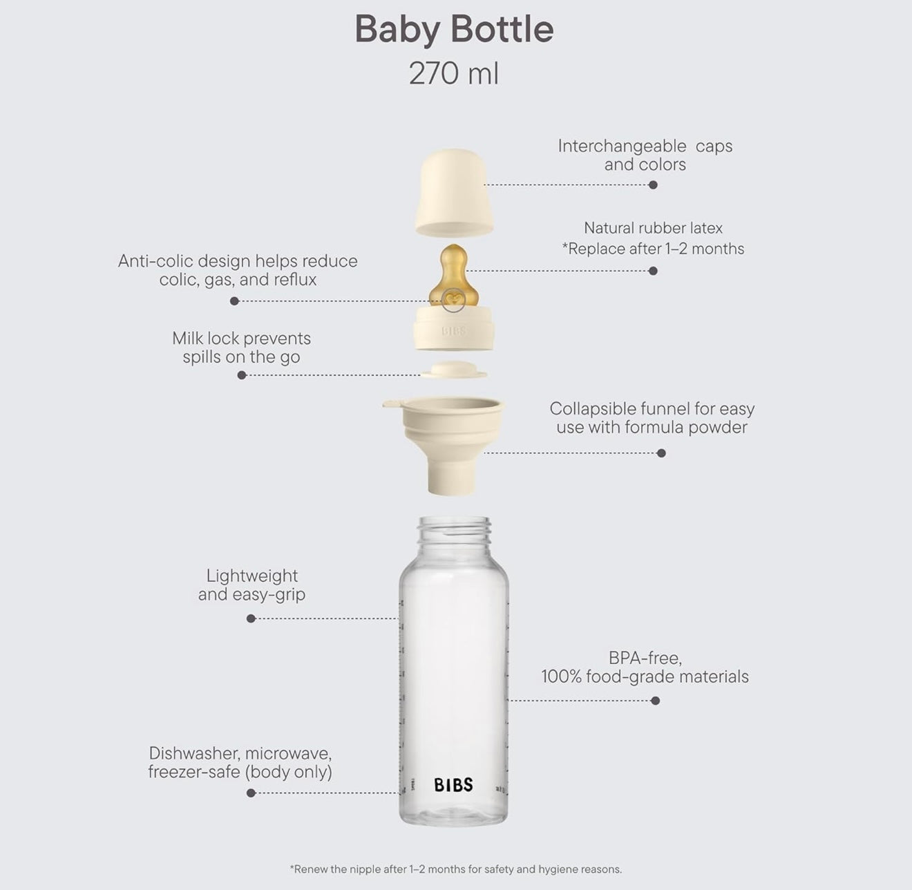 BIBS Biberón de 9 oz / 9.1 fl oz de silicona - Anti-cólico, sin BPA, pezón redondo, flujo medio