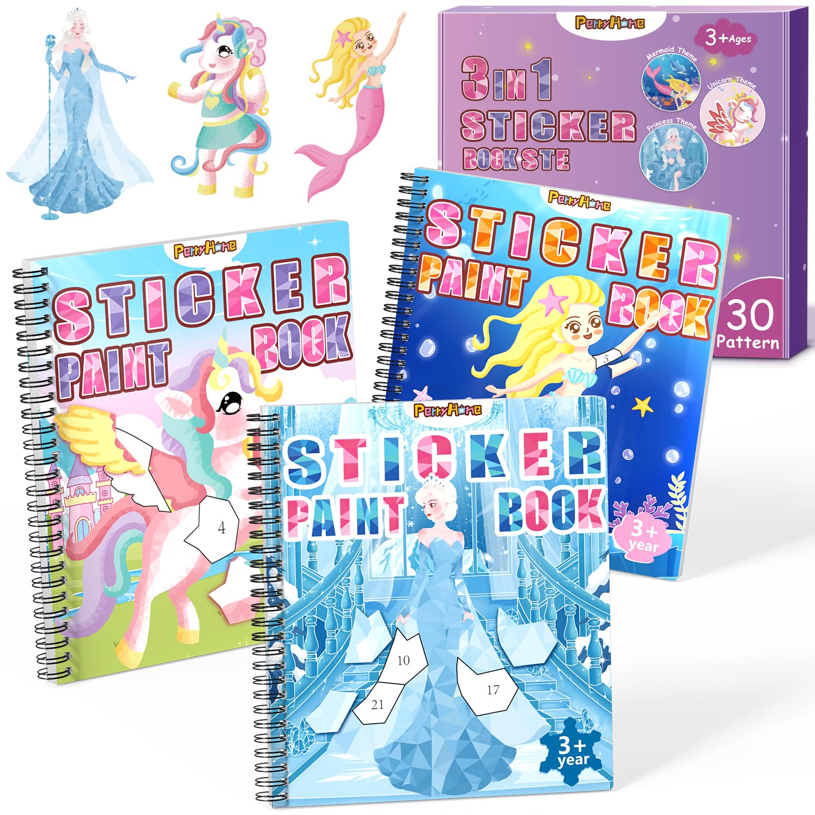 PERRYHOME 3 calcomanías por números, libros de pintura para niñas de 4 a 8 años