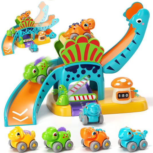 Lehoo Castle Juguetes para niños de 1 año, tobogán de dinosaurio con 4 mini autos de empuje