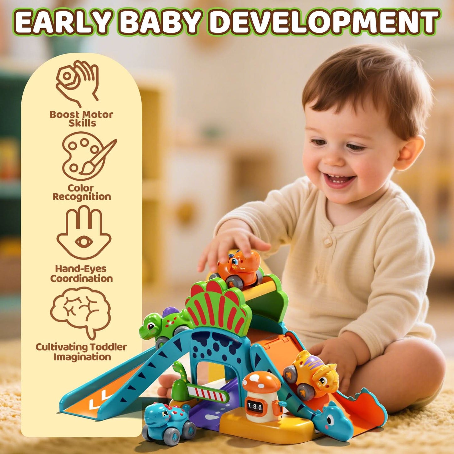 Lehoo Castle Juguetes para niños de 1 año, tobogán de dinosaurio con 4 mini autos de empuje