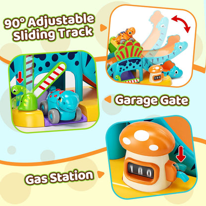 Lehoo Castle Juguetes para niños de 1 año, tobogán de dinosaurio con 4 mini autos de empuje