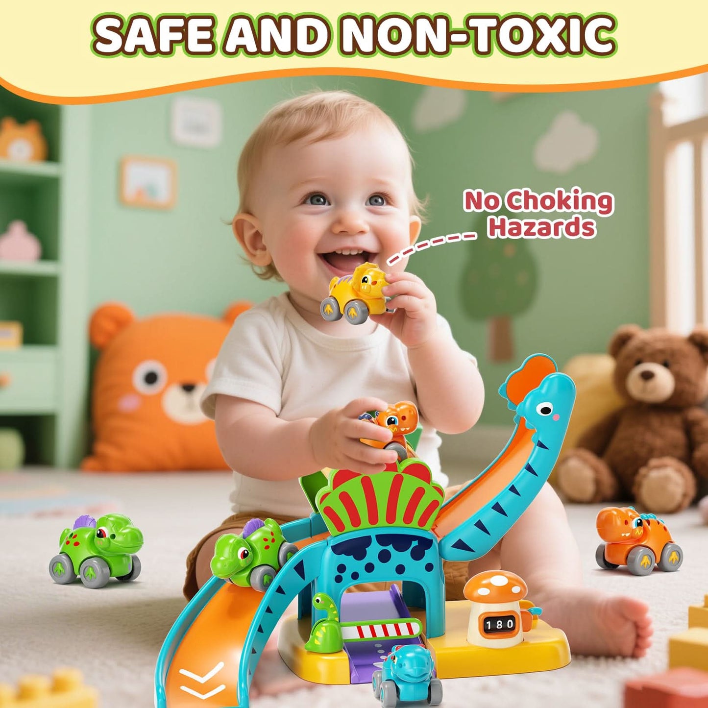 Lehoo Castle Juguetes para niños de 1 año, tobogán de dinosaurio con 4 mini autos de empuje