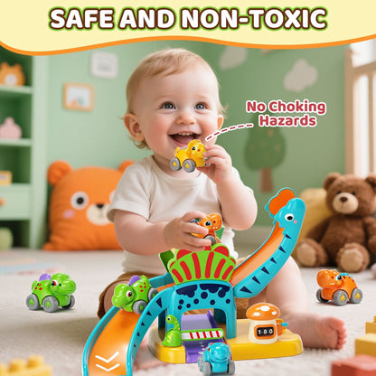 Lehoo Castle Juguetes para niños de 1 año, tobogán de dinosaurio con 4 mini autos de empuje