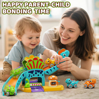 Lehoo Castle Juguetes para niños de 1 año, tobogán de dinosaurio con 4 mini autos de empuje