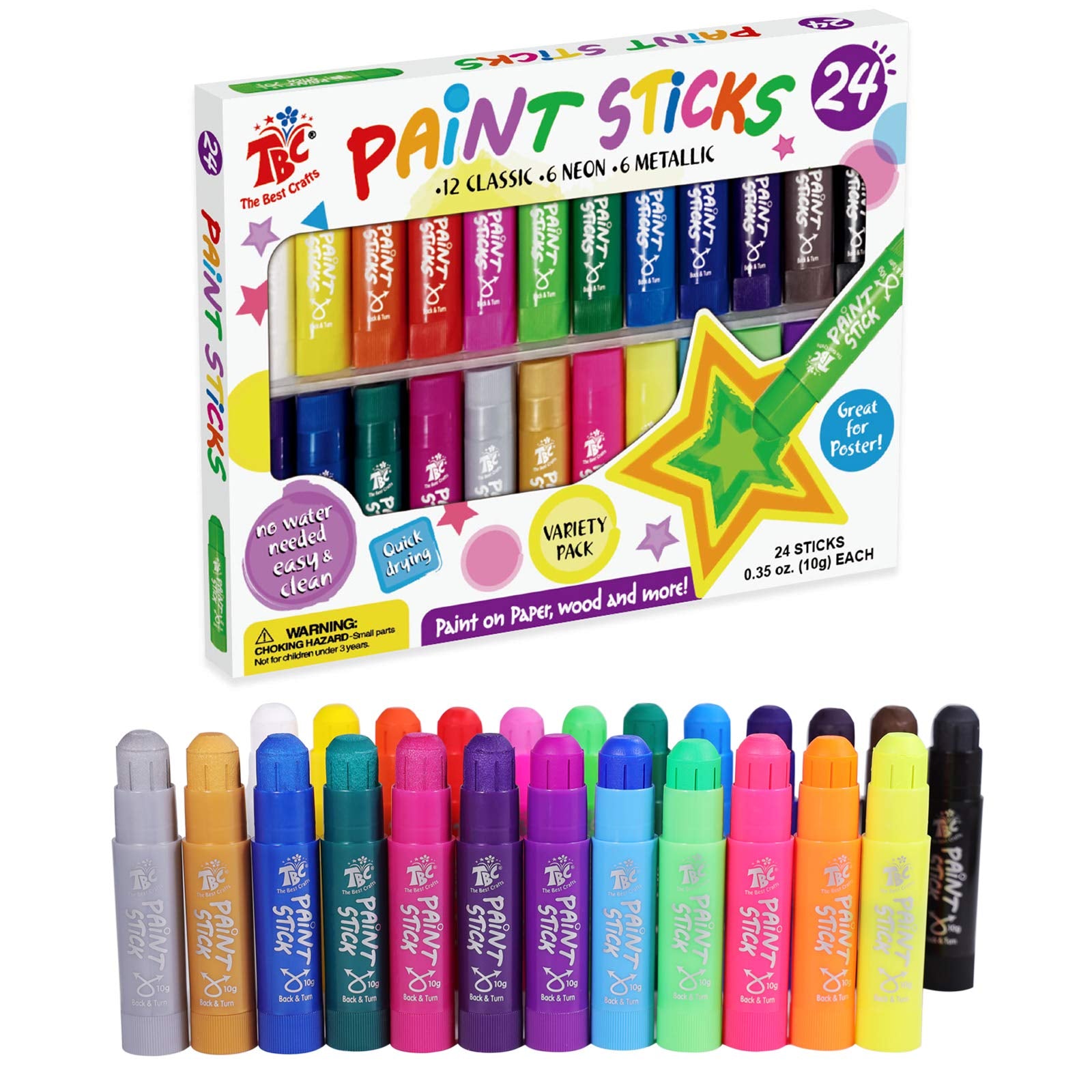 TBC The Best Crafts Paint Sticks, 24 colores clásicos, pintura lavable