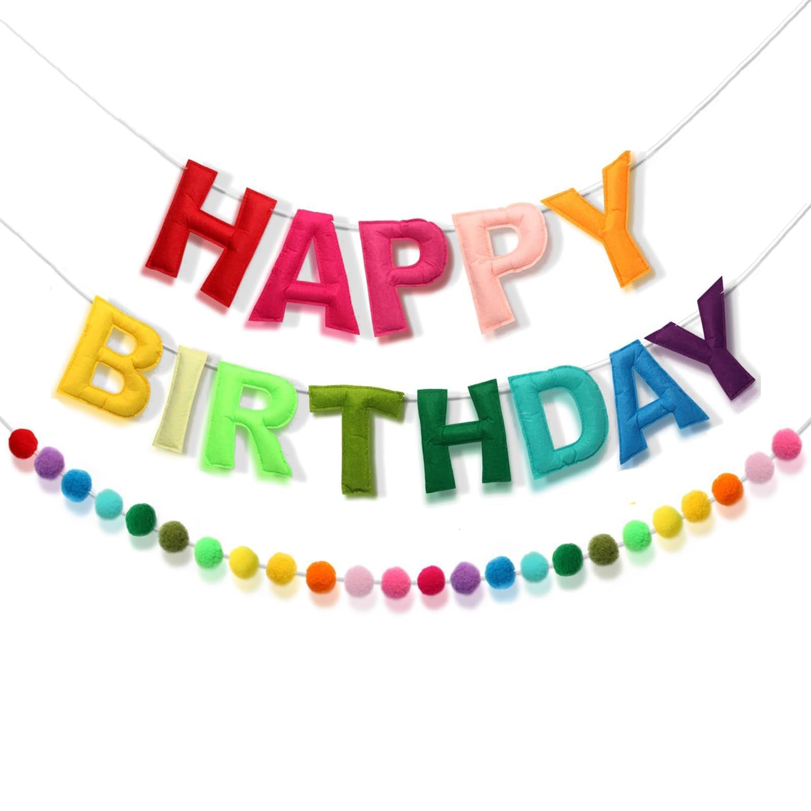 Cartel de feliz cumpleaños, guirnalda de bolas de fieltro de color arcoíris