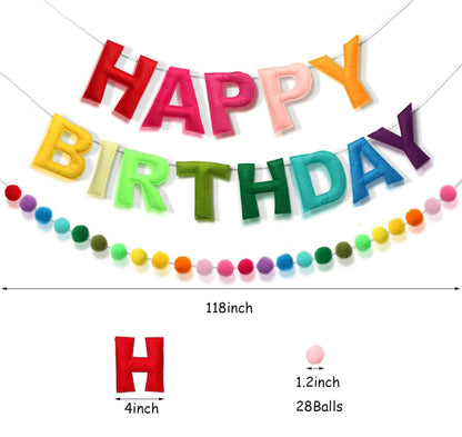 Cartel de feliz cumpleaños, guirnalda de bolas de fieltro de color arcoíris