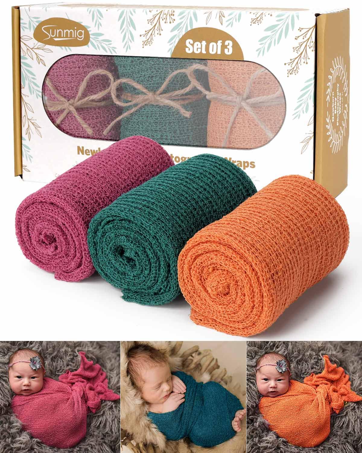 Sunmig Accesorios de fotografía para recién nacidos, 3 piezas de envolturas elásticas para bebés