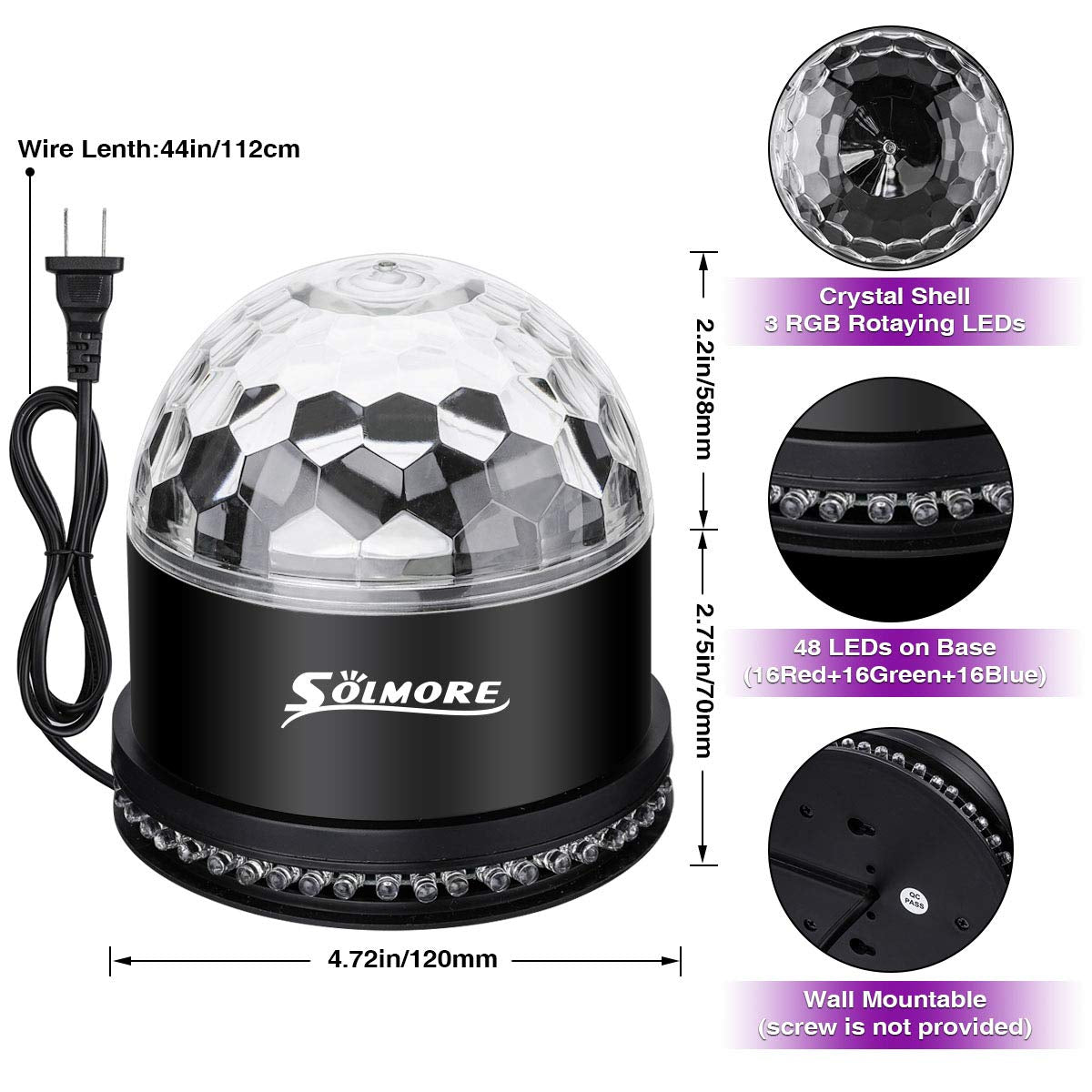 Luces de bola de discoteca, luces de fiesta LED RGB activadas por sonido SOLMORE 12W