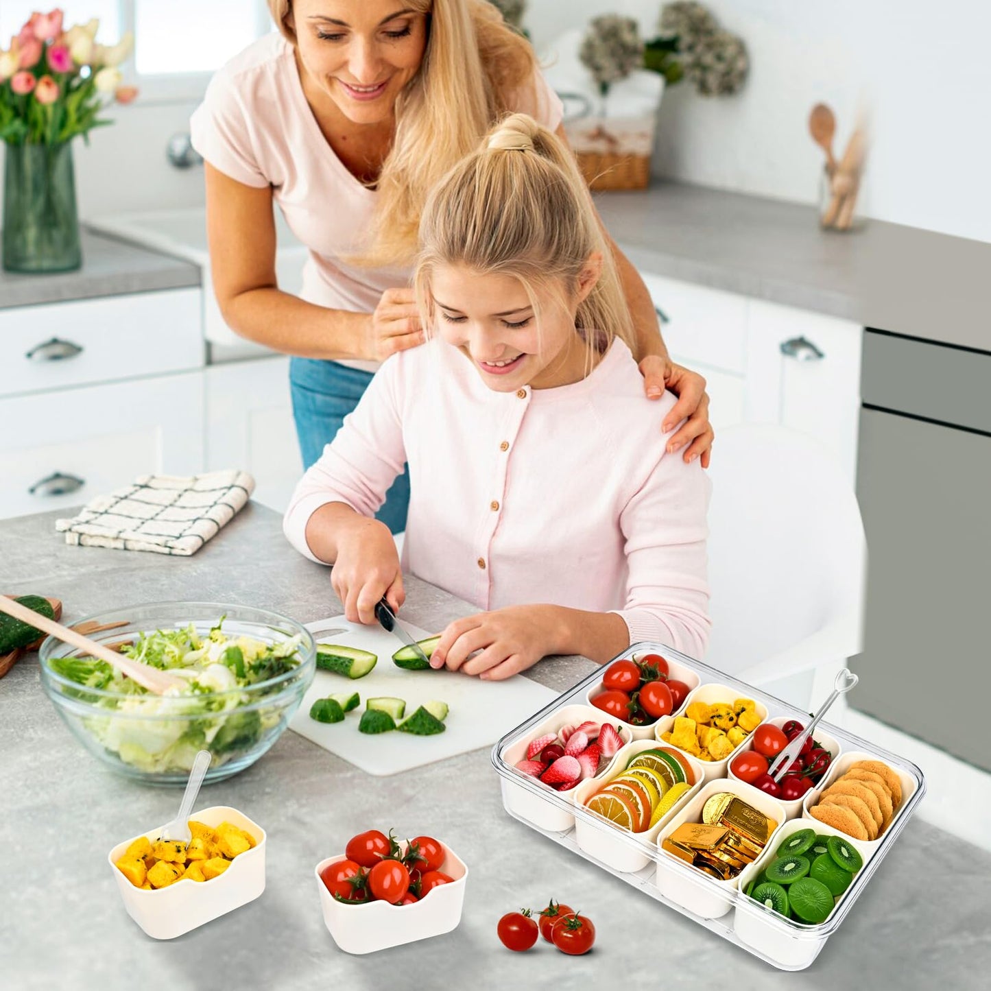 Bandeja dividida para servir con tapa, contenedor de caja de aperitivos con tapa