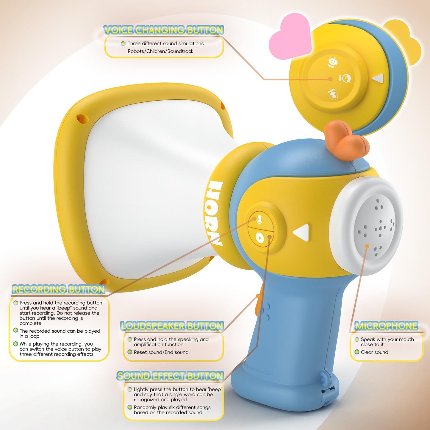 Cambiador de voz para niños, juguete de megáfono con 3 grabadores de efectos de sonido y música