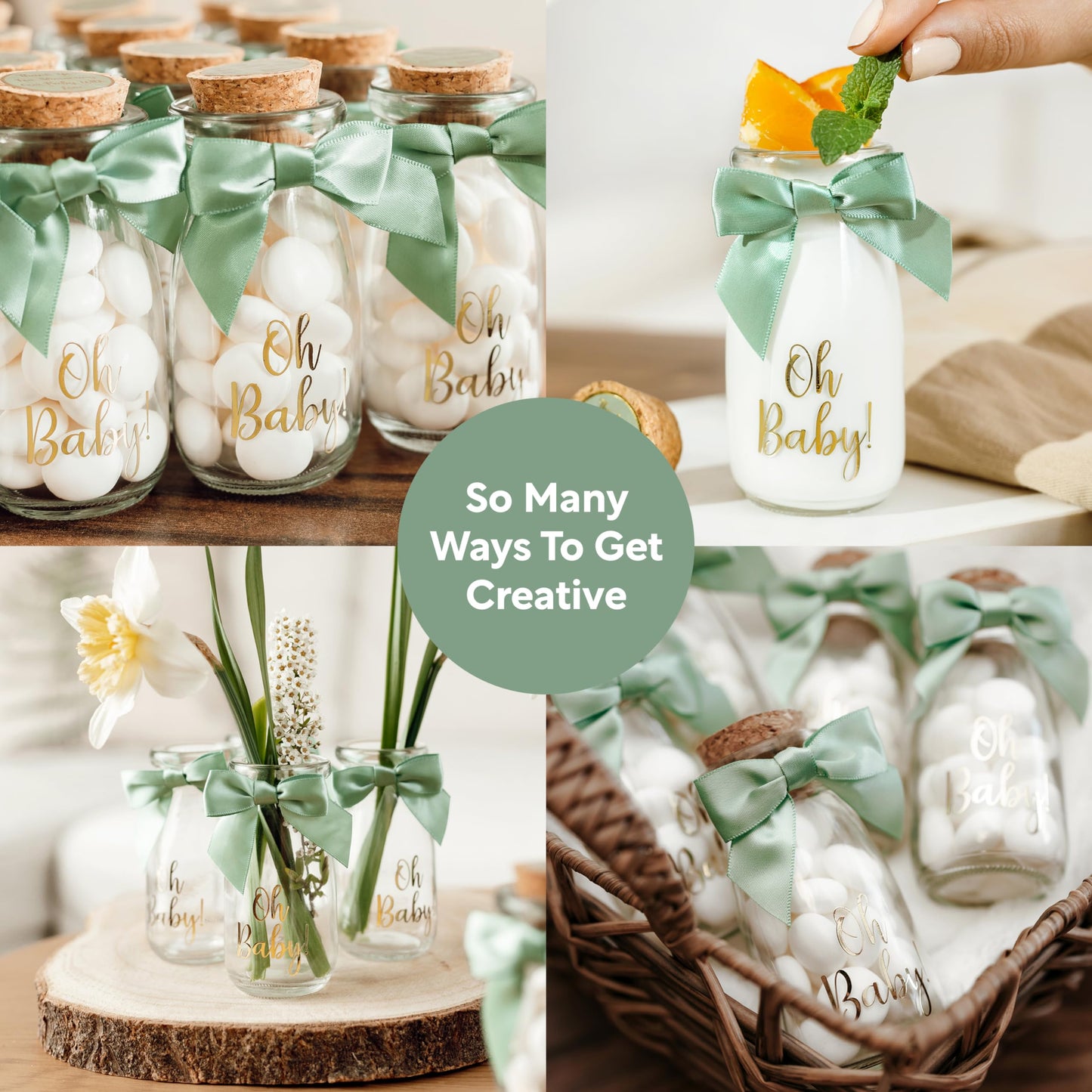 Ethisa Paquete de 24 botellas de vidrio de leche vintage Oh Baby Woodland con cintas y calcomanías