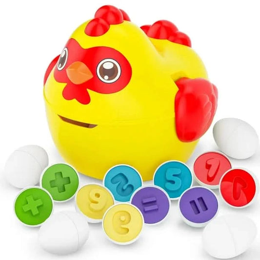 Juguete de gallina con huevos con formas y números