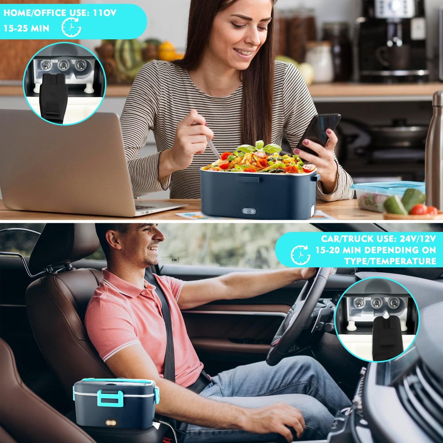 Landmore Fiambrera eléctrica portátil de 75W, contenedor de acero inoxidable de 1.8L