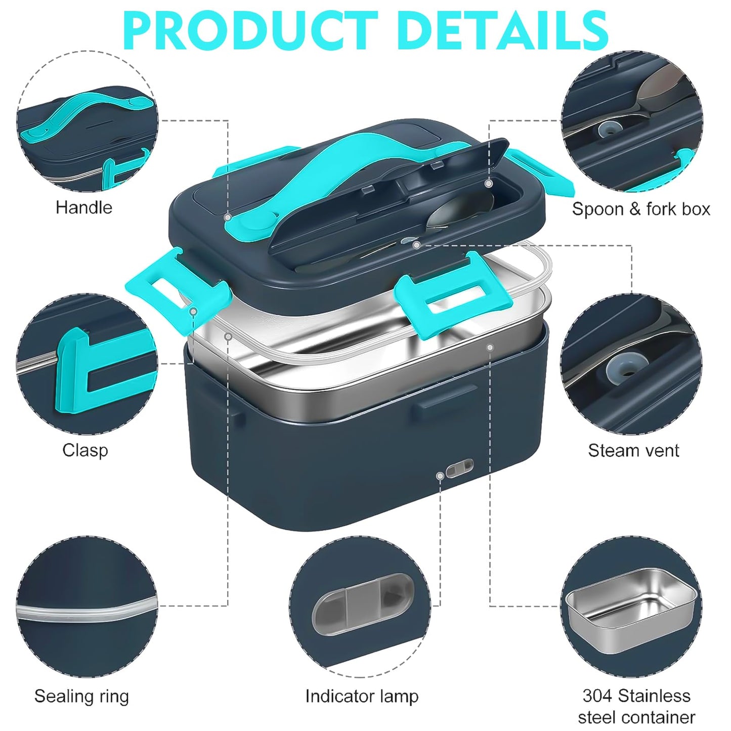 Landmore Fiambrera eléctrica portátil de 75W, contenedor de acero inoxidable de 1.8L