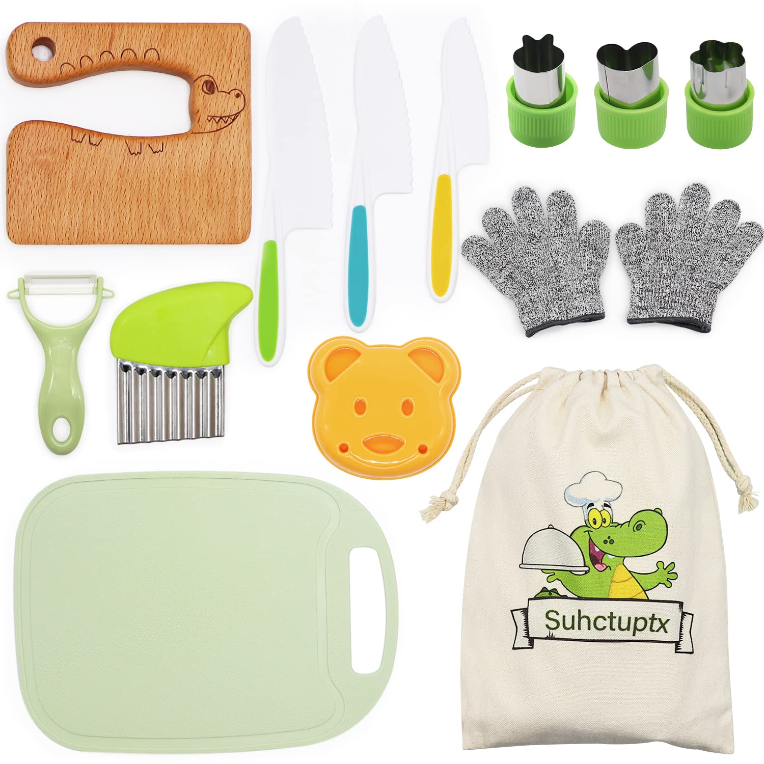 Suhctuptx Juego de cuchillos de cocina de madera para niños de 14 piezas con guantes