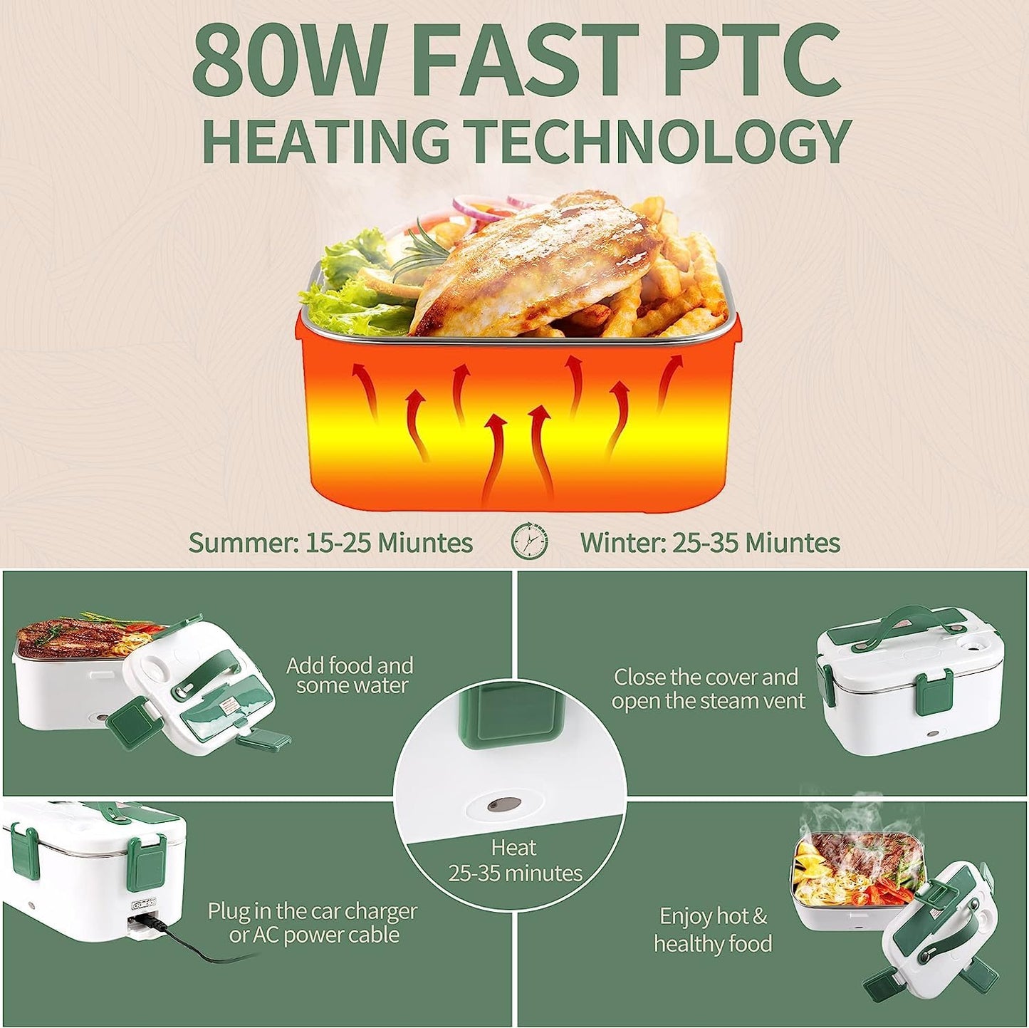 Fiambrera eléctrica de 80 W, calentador de comida rápida portátil